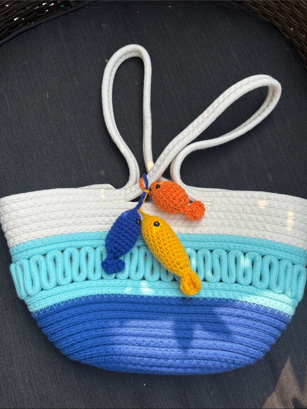 Colorblock Crochet Fish Charm Beach Tote - Blue, Aqua, White, Yellow, Orange